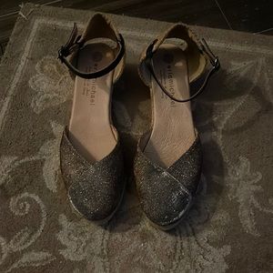 Shoes: EricMichael handmade in Spain. Charcoal sparkly upper & tan wedge.